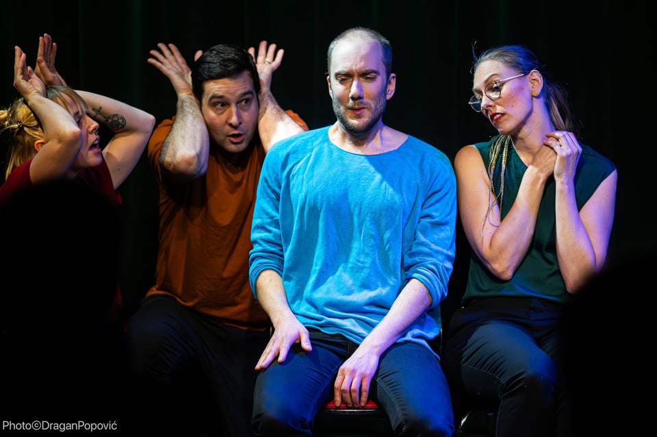 A photo of a previous show. Two people playing rabbits, one person playing an insecure young film maker and one person playing an old lady. Sitting on the train. Yes, you should have been there.
