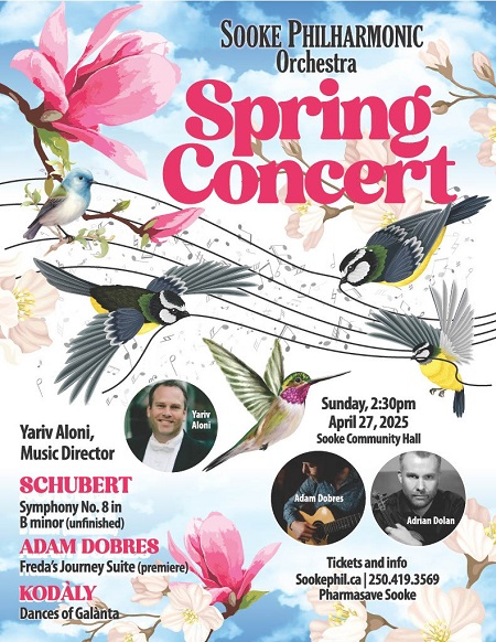 A concert poster for the Sooke Philharmonic, with birds and magnolia flowers, with flying musical notes