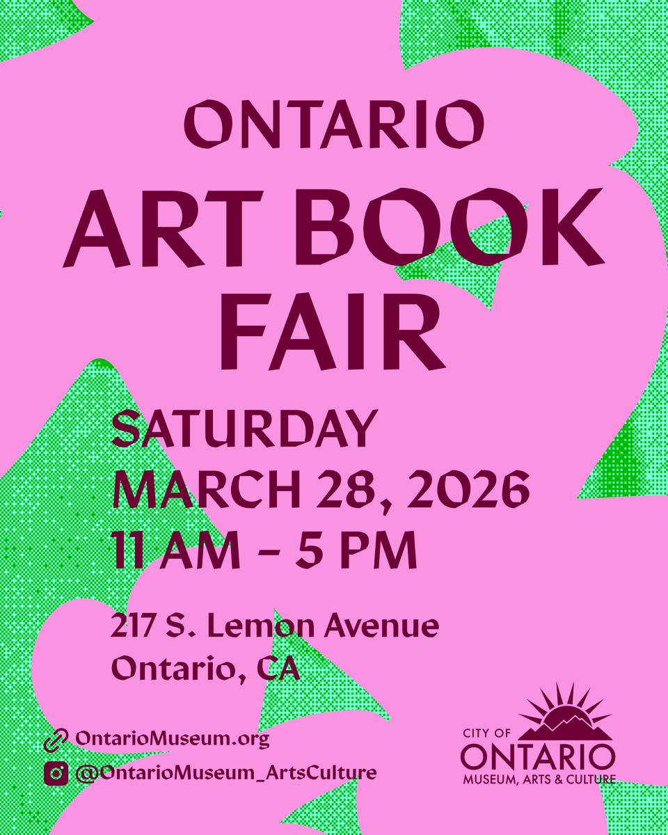pink and green flyer for ontario art book fair. saturday march 28, 2026, 11 am - 5 pm. 217 s. lemon avenue, ontario, ca