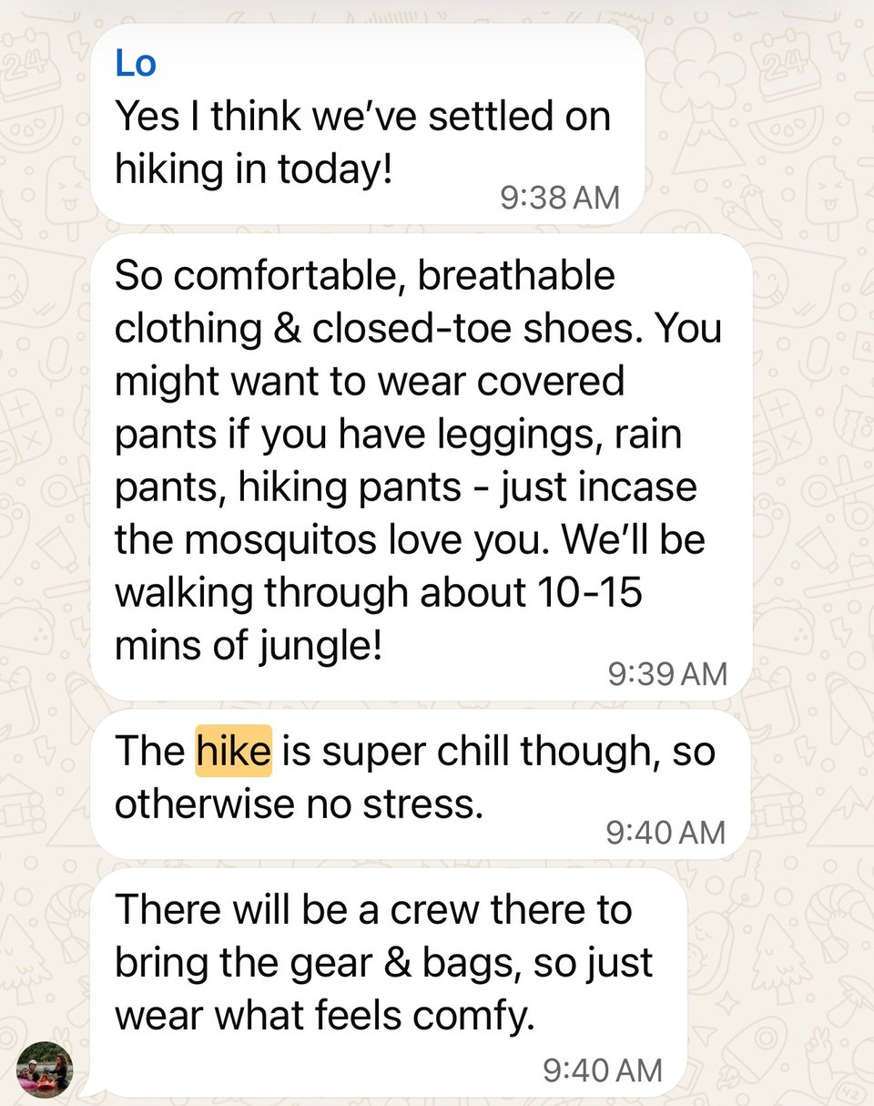 A screenshot of a Whatsapp message from Lois, sharing that the hike is super chill and should only be 10-15 minutes