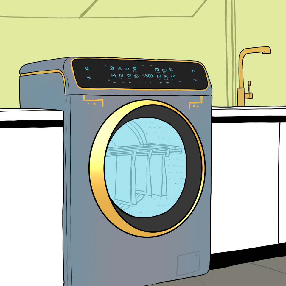 A washing machine is sitting in the middle of a row of cupboards. It has lots of interesting looking buttons at the top of the front. Inside the washing machine, which you can see because the door is made of glass, you can see a washing line with some items hanging from it.