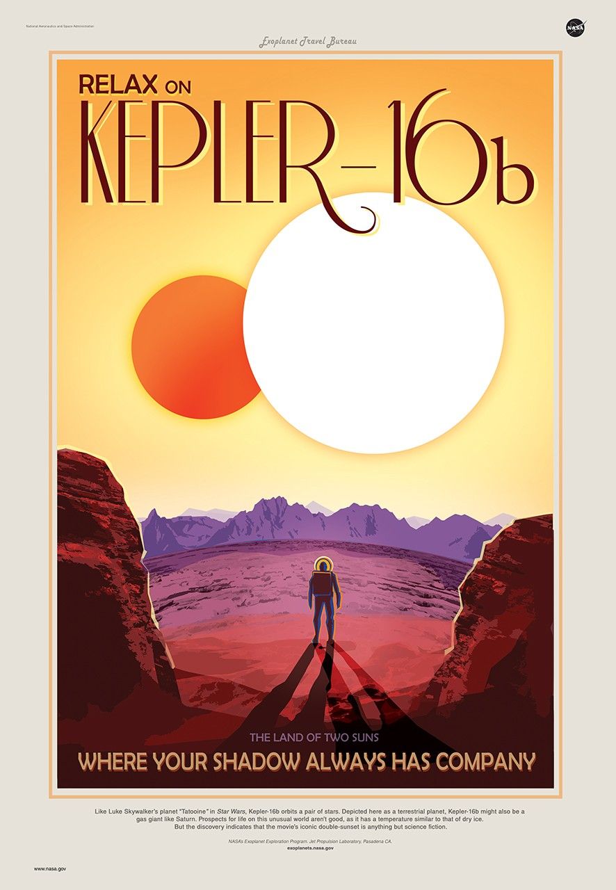 Retro-style NASA travel poster promoting the exoplanet Kepler-16b. It shows an astronaut standing on a rocky, red-hued landscape beneath two suns — one large and white, the other smaller and orange — casting double shadows. The text reads “Relax on Kepler-16b: The Land of Two Suns — Where Your Shadow Always Has Company.”
