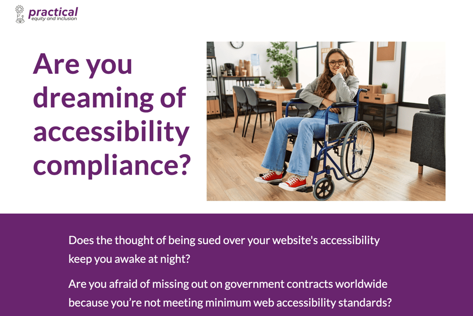 Site screenshot. Beneath the Practical logo, the heading reads: Are you dreaming of accessibility compliance? More text continues, and there's a picture of a smiling woman in a wheelchair to the right.
