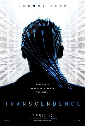 the poster for the 2014 film, Transcendence, it shows the back of a man's head with many wires attached to it