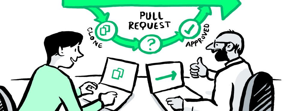 Alt: Hand-drawn image of person editing a pull request on Github while another person sitting next to them approves the pull request.