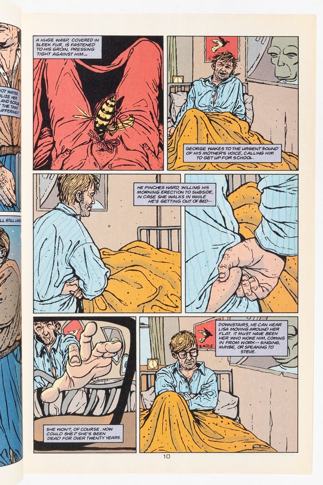 a page from "Tainted" by Al Davison. The main character wakes up from dream of an enormous wasp burrowing into the crotch of his pants. He pinches himself hard to shake off the dream