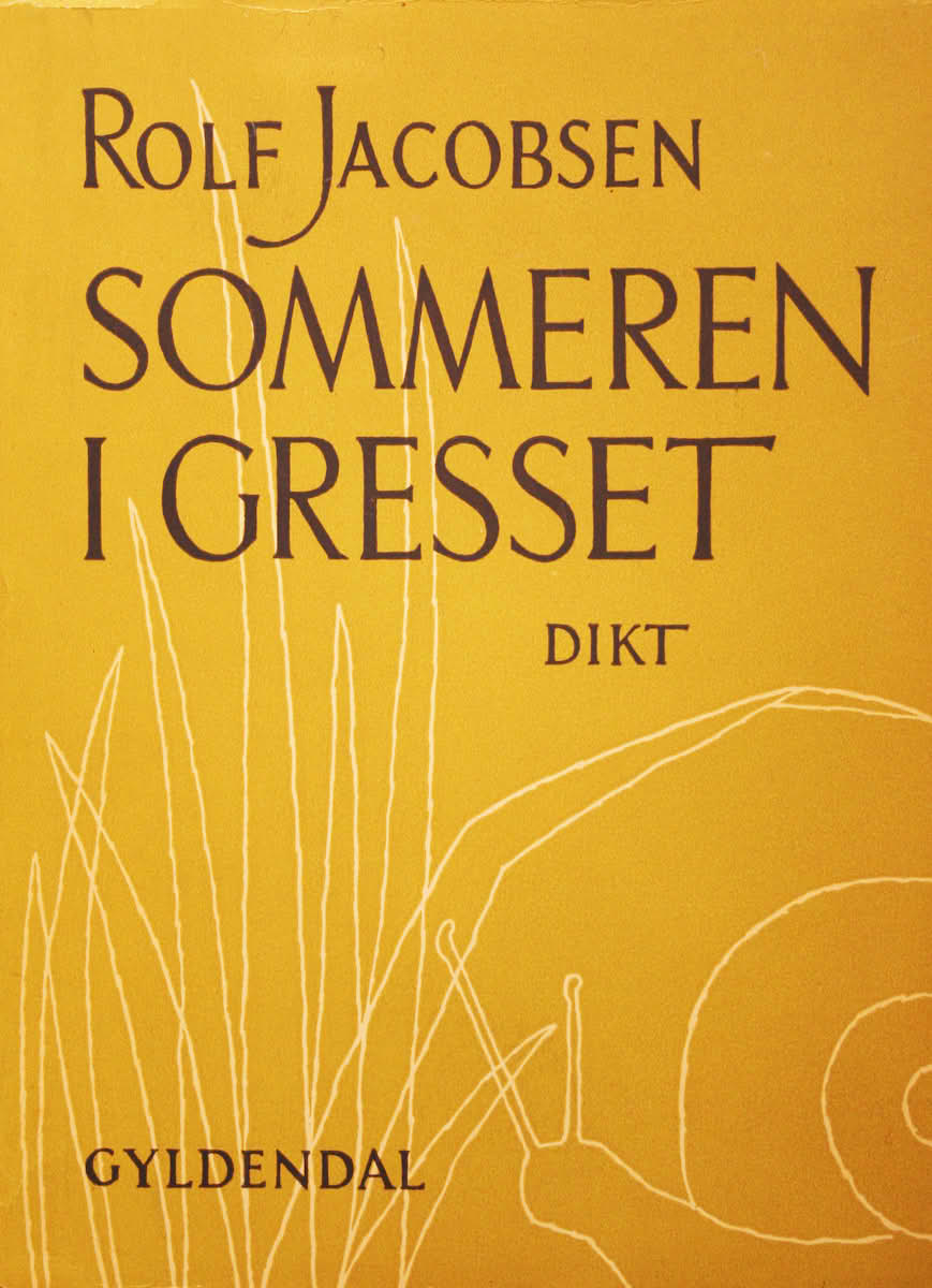 Image of the yellow cover of Rolf Jacobsen's Sommeren i gresset. Gyldendal, 1956.