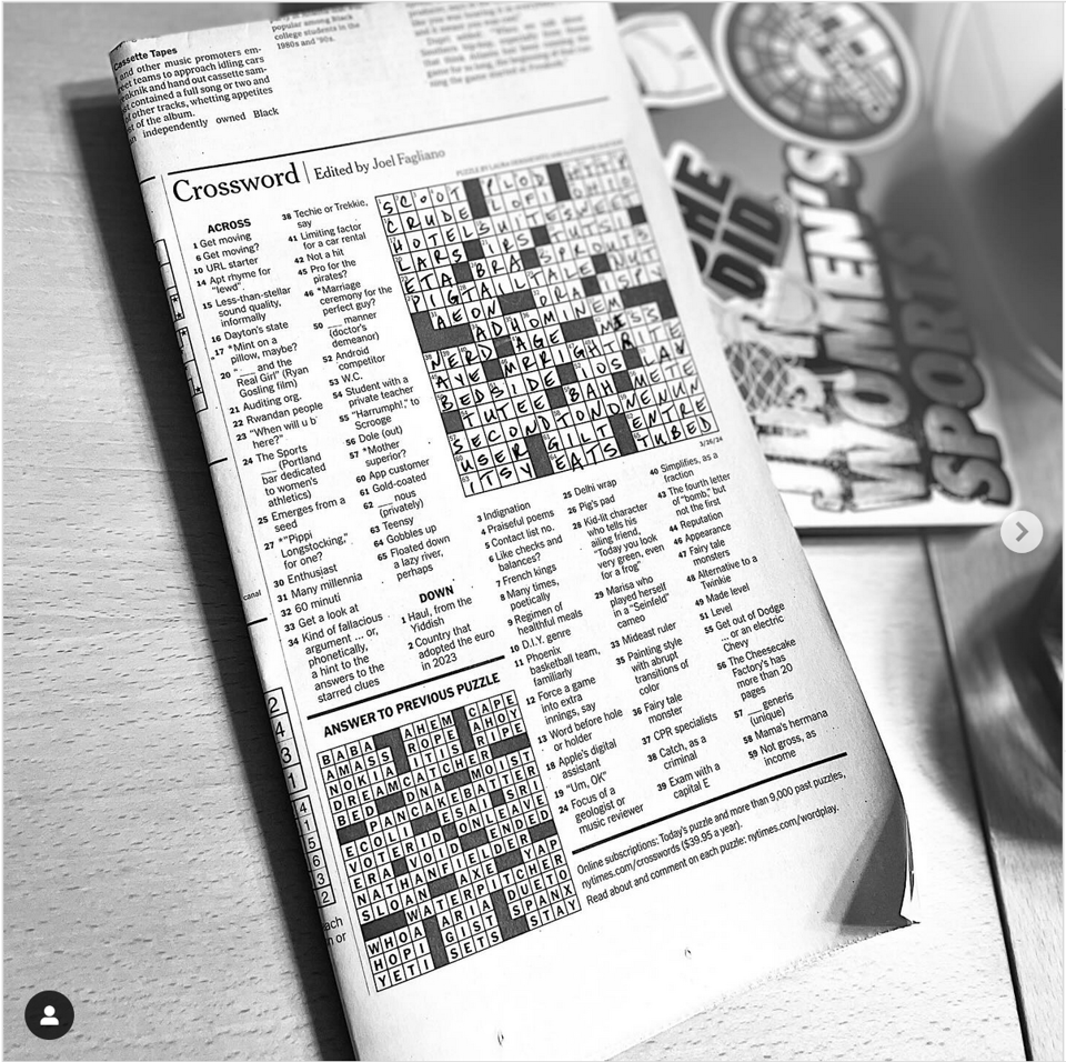 A photo of the NY Times Crossword with the Sports Bra answer