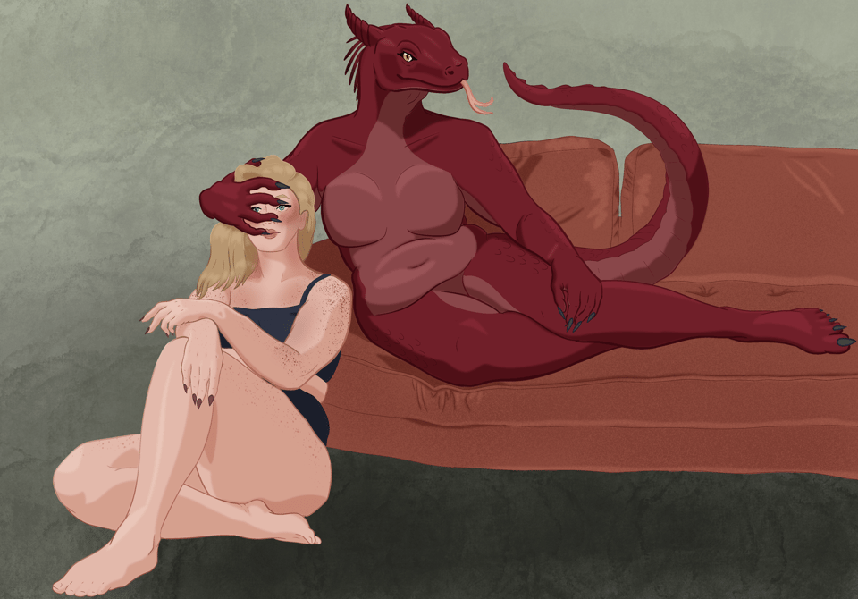 Hypha is an anthropomorphic dragon, plus-size with slight rolls. She's red with a lighter belly and lounges in a pinup pose on a burnt orange couch. Her tail is raised behind her, and she has a reptilian snout. Her tongue flicks out, and she has two horns sweeping back from her brow and iguana-like soft "spikes" down her back. Libby sits in front of the couch, and Hypa grasps her face from behind. Libby is a midsized white woman with freckles and strawberry blonde hair, and behind Hypha's fingers, her pulse are shaped like hearts.