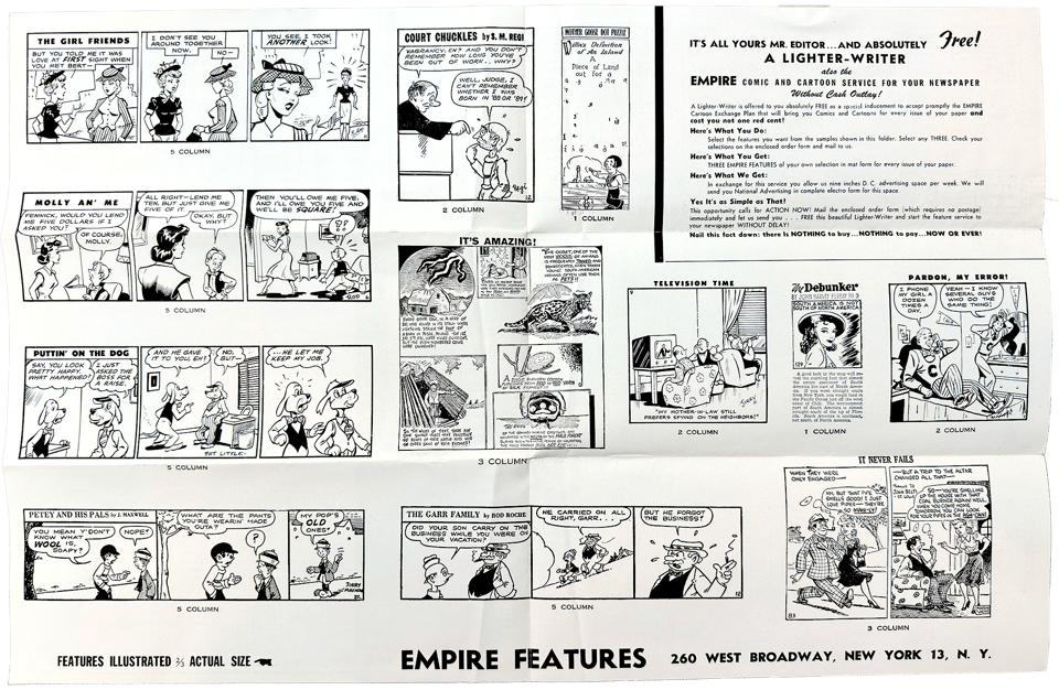 A spread from this 1940s-era brochure showing several three-panel cartoons and some smaller with Empire Features labeled at the bottom and a note to the editor in the upper-right corner about offering the comics free.