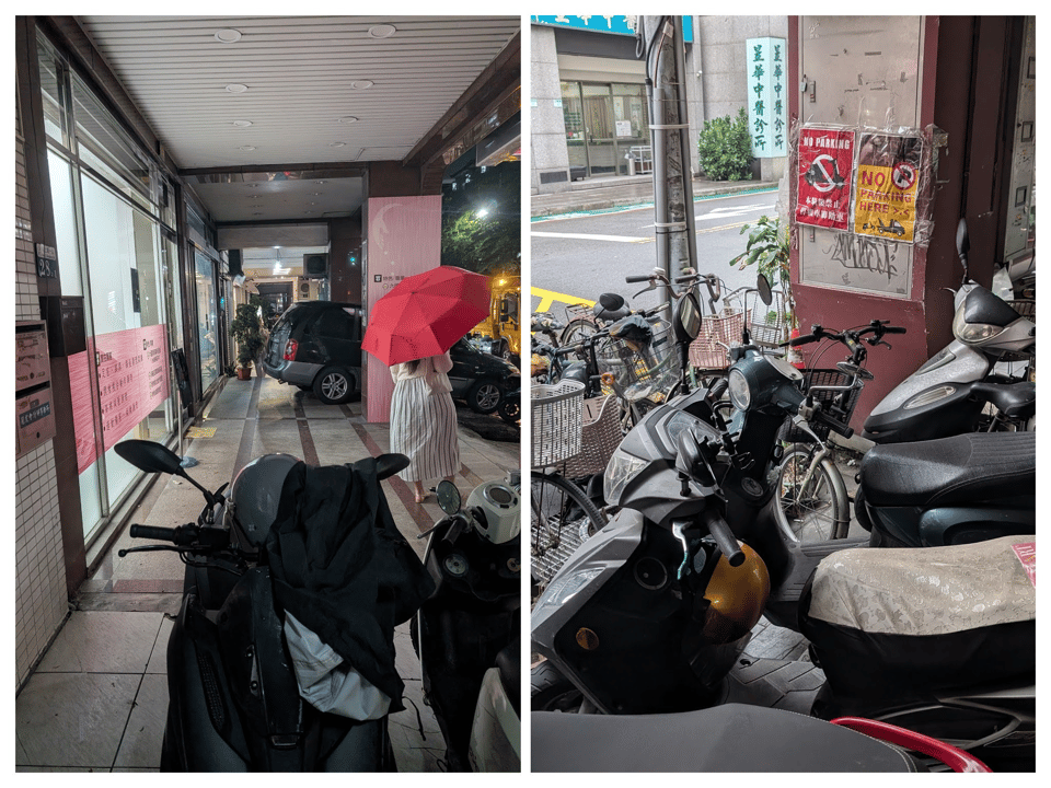 Two images. Left one: A covered sidewalk in front of a building. The path is mostly blocked by a motorcycle right in front of the camera, then mostly blocked again by the rear half of an SUV in the background. Right one: A huge crowd of parked motorcycles and bicycles on a covered sidewalk in front of two signs saying no parking.