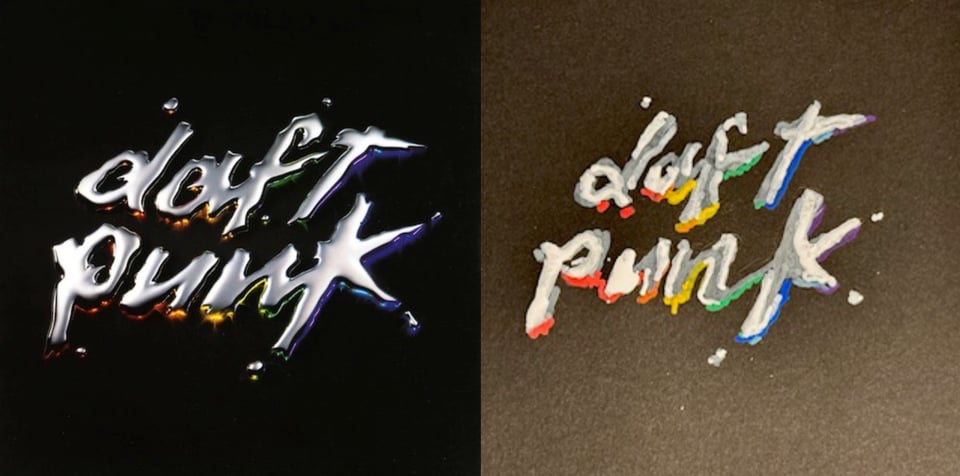 The Daft Punk logo rendered in a silver, mercury-like liquid. Underneath the letters are glowing highlights, running the rainbow from red on the left to indigo on the right. This is on a black background.