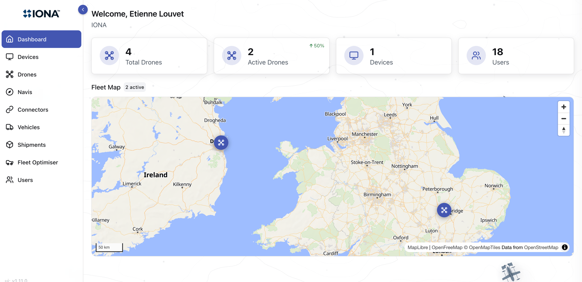 Cosmogony TMS dashboard showing fleet map, drone tracking, and device management across Ireland and the UK