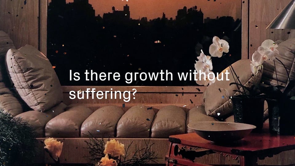 A room with a beige leather couch and a window looking over a skyline from a 1981 issue of Architectural Digest. White text overlays the image, reading: Is there growth without suffering?