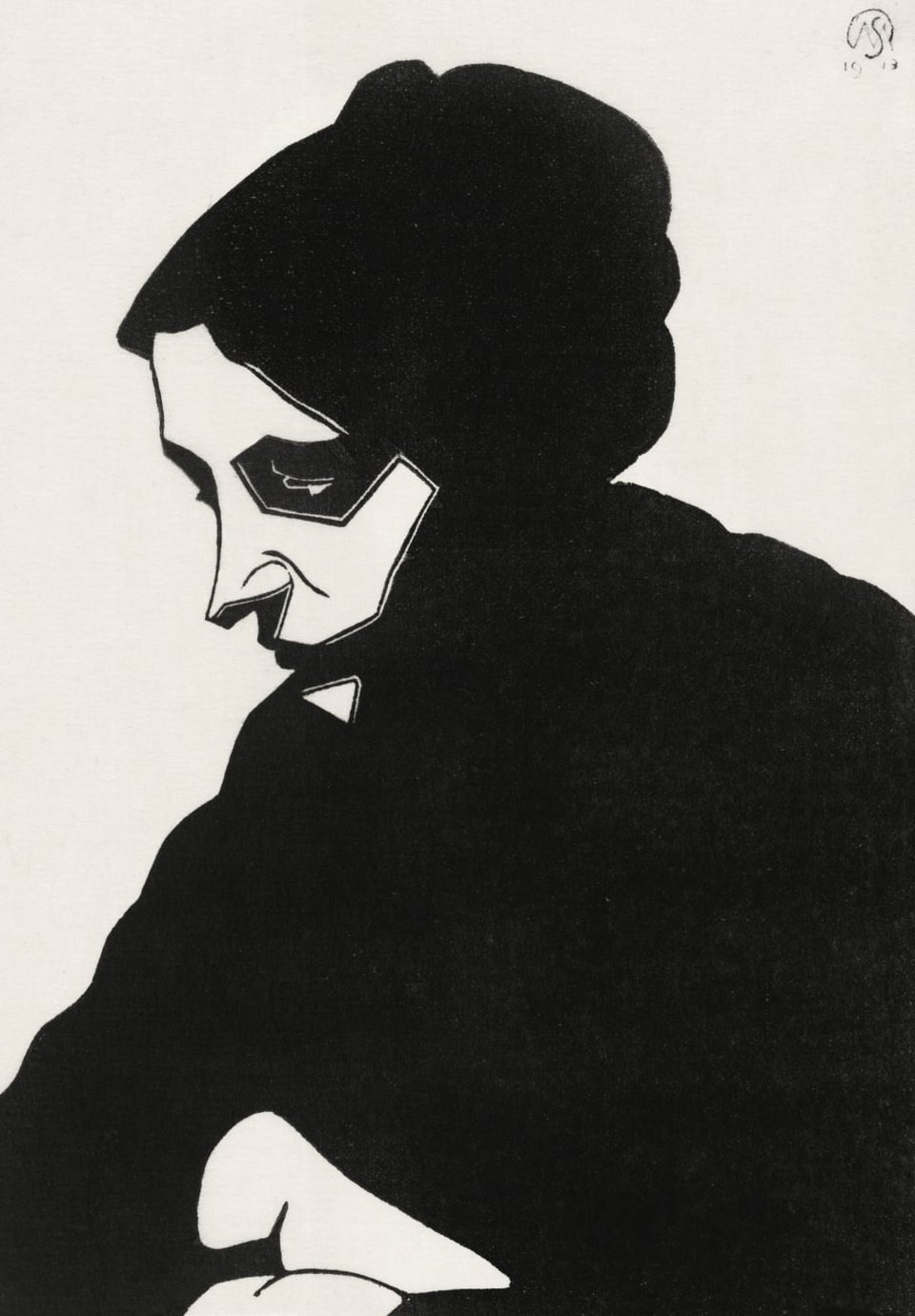 A black and white illustration of a woman sadly looking downward.