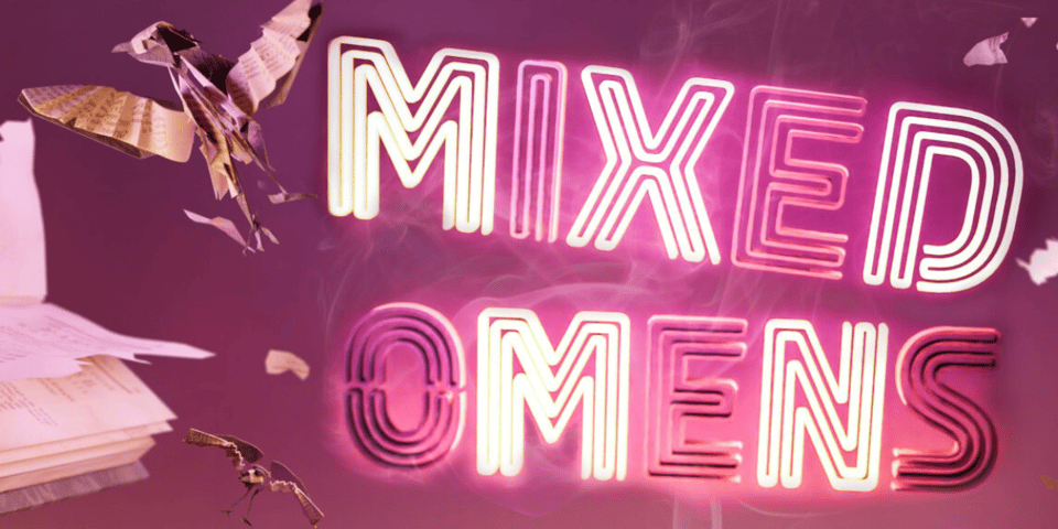 The beautiful Mixed Omens logo looks like a neon sign with a phoenix bird made out of the pages of a book.