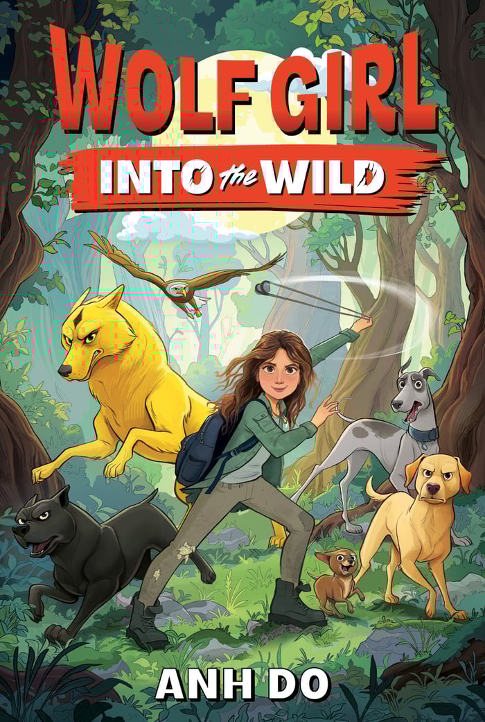 Book cover of girl named Gwen and her pack of dogs in a forest.