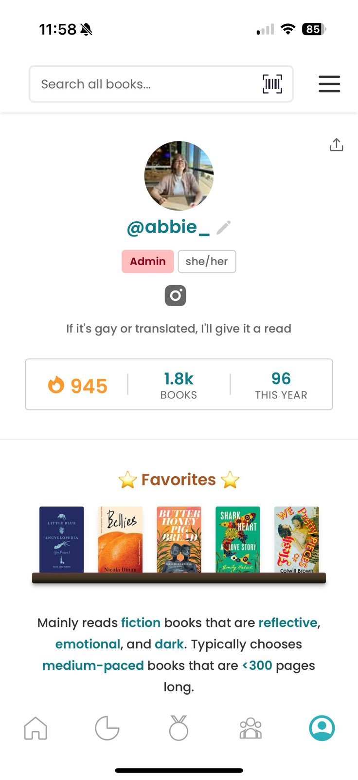 I'm viewing Abbie's StoryGraph profile. The focus is on her "Favorites" shelf, which displays five book covers on a brown ledge/rectangle, meant to represent a shelf. Just below, there's a summary of her reading taste, highlighting that she mainly reads fiction that's reflective, emotional, and dark, and tends to prefer medium-paced books under 300 pages.