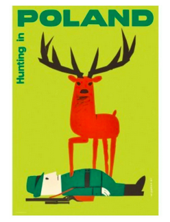 A midcentury Polish print that says "Hunting in Poland," with a deer standing on top of a human