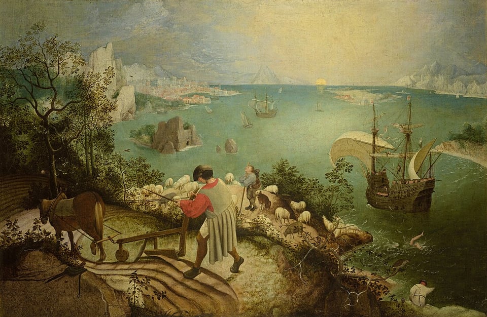 The Fall of Icarus by Breughel - a landscape painting featuring a man plowing his field, ships in the distance, and in the right foreground, the legs of Icarus as he is enveloped by the water.