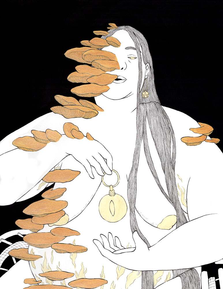 Black, white, and gold illustration of a fat person with long, straight hair using a wheelchair and holding a bell up with one hand over the other. There are large mushrooms growing down the right side of the person's body. Their mouth is open slightly. Their eyes, stretch marks, and nipples are a pale gold.