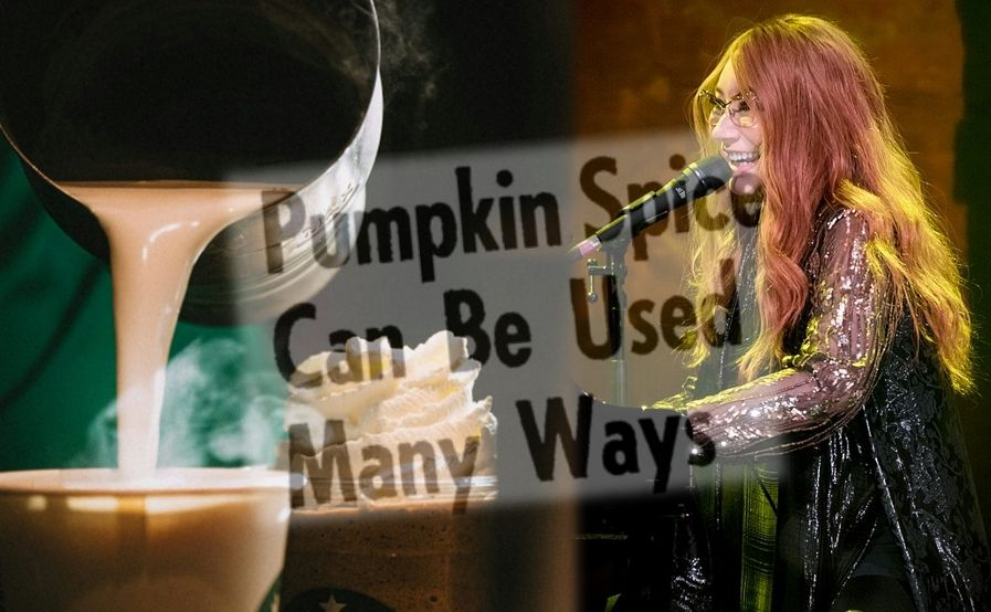 A headline reading "Pumpkin Spice Can Be Used Many Ways" over a cup of pouring coffee and the singer Tori Amos at the piano