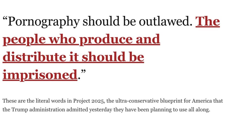 Exerpt from Project 2025 by the Heritage Foundation: Pornography should be outlawed. The people who produce and distribute it should be imprisoned.