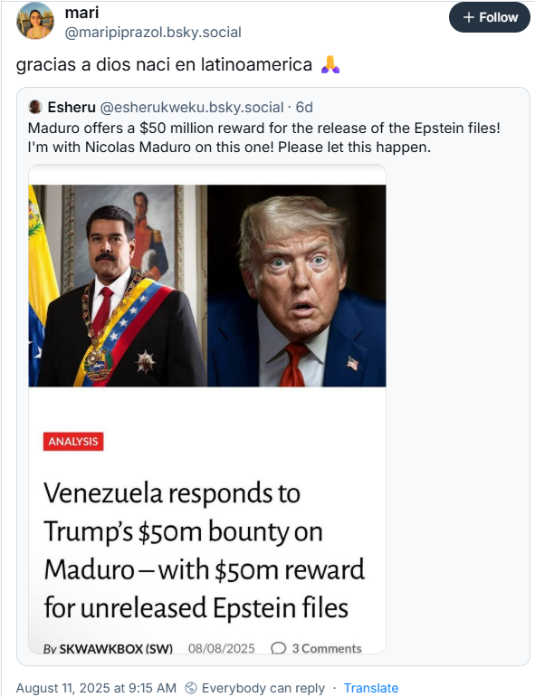 A imagem mostra post de Mari (‪@maripiprazol.bsky.social‬) em que ela compartilha o post da @esherukweku.bsky.social com o texto: gracias a dios naci en latinoamerica