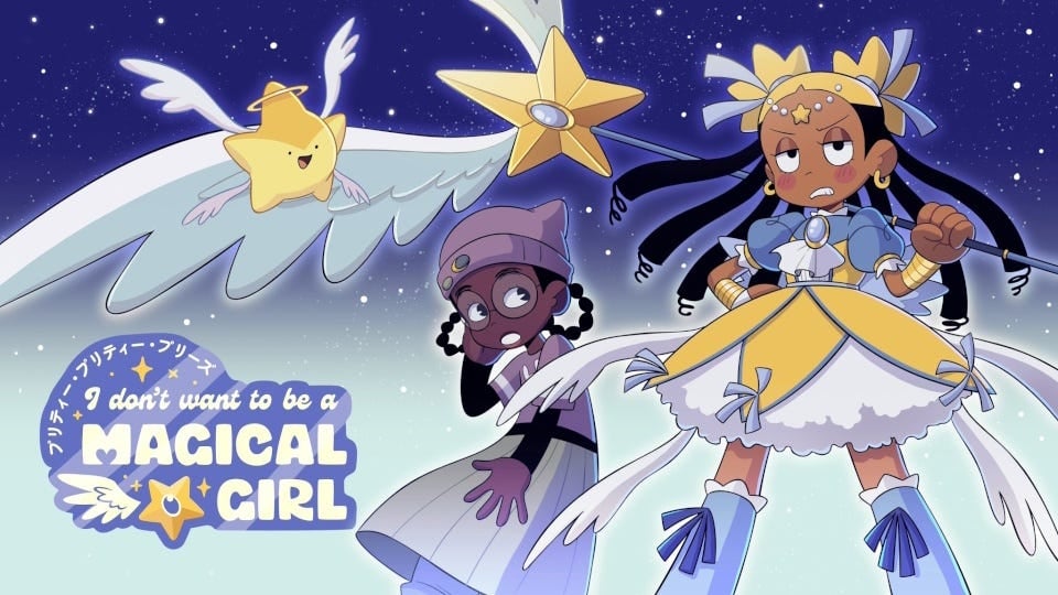 Promotional art for the animated series titled Pretty Pretty Please I Don't Want to Be a Magical Girl. It features two Black girls, one dressed normally in the background staring at the other in the foreground dressed in magical girl attire who looks very reluctant. An anthropomorphized star with wings grins at the magical girl.