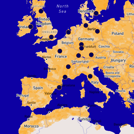 Screenshot of a map of western Europe and north Africa with blue dots on locations of June 14th "No Kings" protests: Dublin, Edinburgh, London, Paris, Lyon, Marseille, Barcelona, Amsterdam, Malmo, Hamburg, Berlin, Frankfurt, Stuttgart, Munich, Zurich, and Florence.