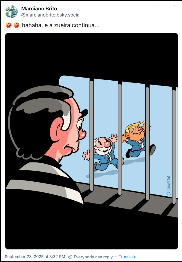Post de Marciano Brito (@marcianobrito.bsky.social) com o texto: 🤣🤣 hahaha, e a zueira continua… (o post traz uma ilustração do Cris Vector onde Lula e Trump estão livres correndo e sendo observados pelo Bolsonaro atrás das grades.