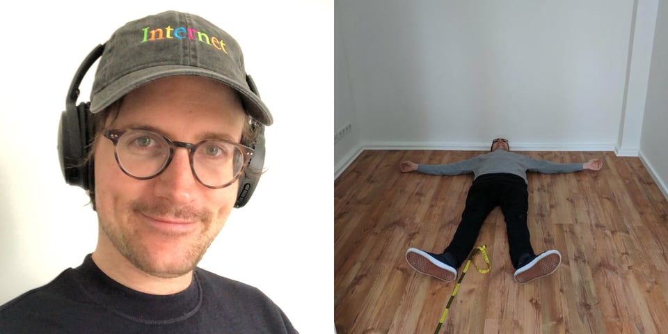 In the left image is a headshoot of Sev wearing a cap with the word "internet" on it and overear headphones on top. In the right image, Sev is lying on the floor with all limps spread out, measuring the size of a room with himself.