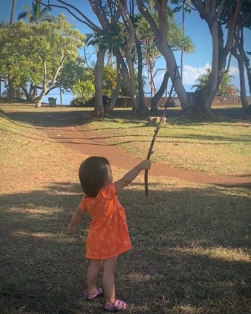 a photo of a little girl in an orange dress, standing in a park, holding up a stick as if she's giving orders to charge