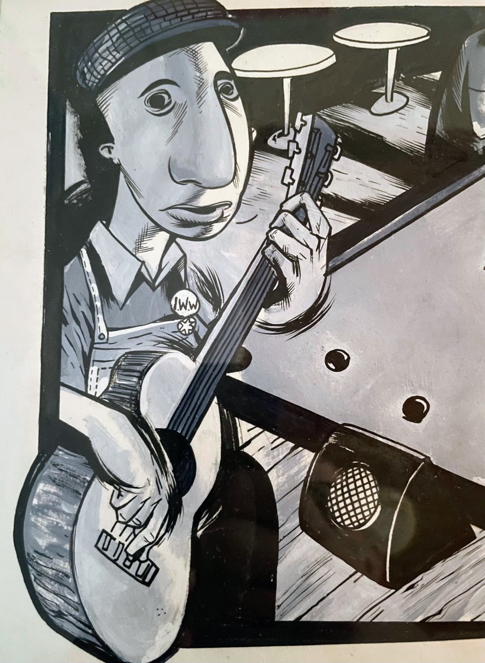 Illustration of the author playing guitar in front of a pool table