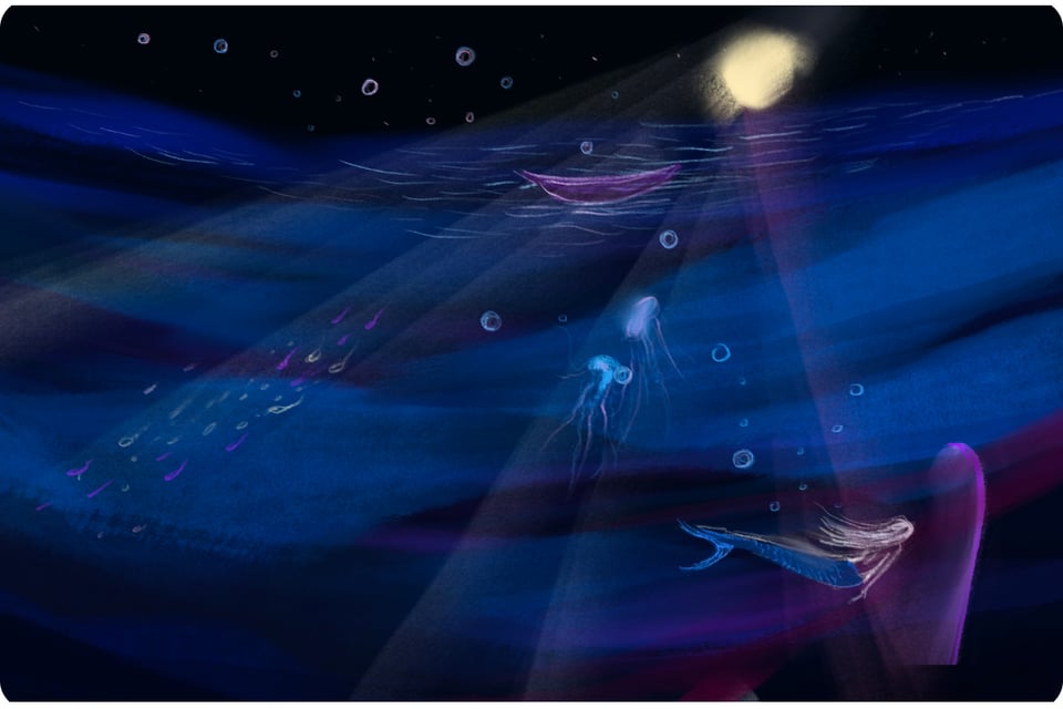 underwater scene of mermaid, jellyfish, fish, moonlight