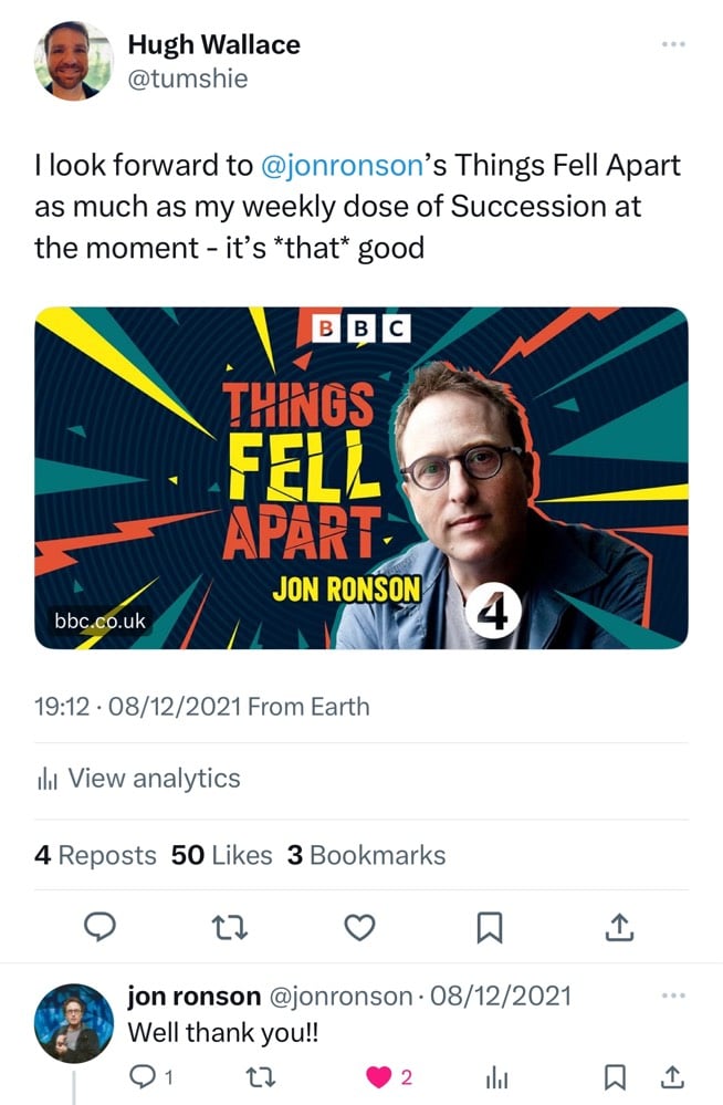 A tweet proclaiming my love for the Things Fell Apart podcast