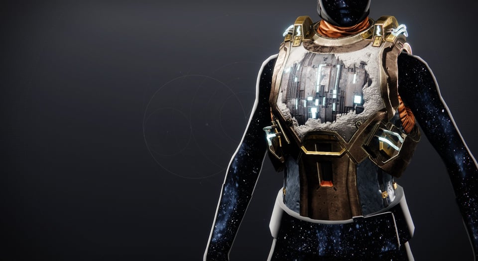 A bronze carapace with the front worn from battle damage exposing clue circuitry.