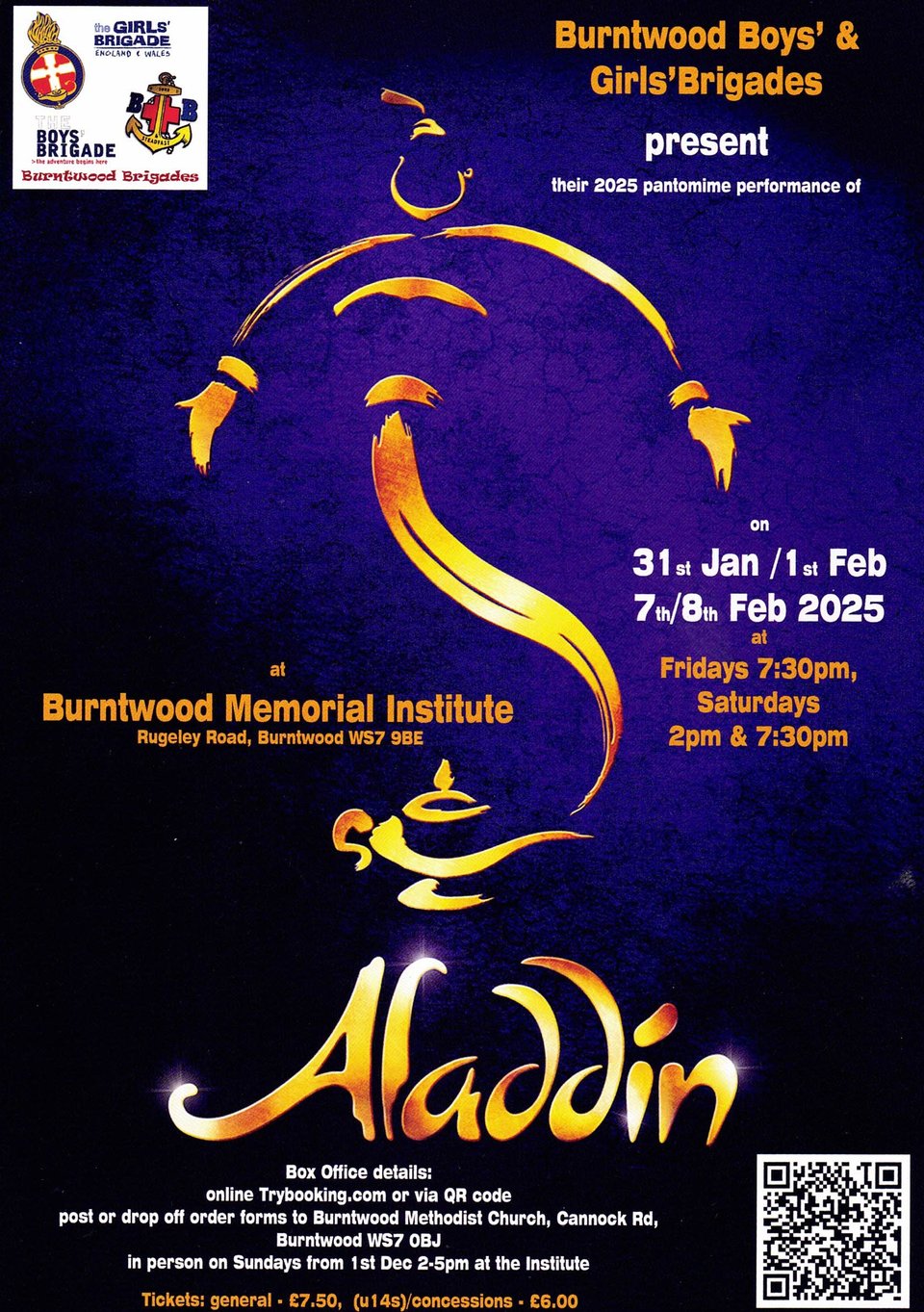 A promotional poster for the Boys' and Girls' Brigades' 2025 panto Aladdin.