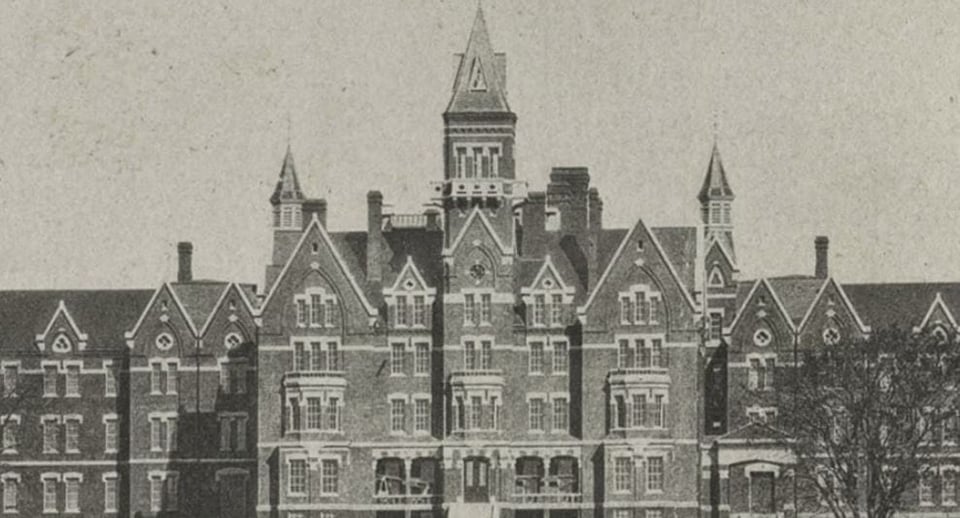 Black and grey exterior shot of Danvers Asylum.