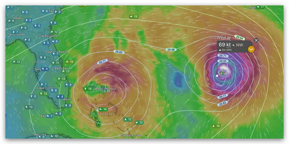 Same image of our two storms off the Florida coast but showing wind speeds and air pressure variations around the storms.