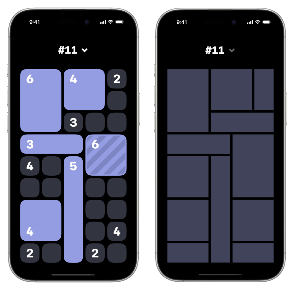 Two smart phone mockups with an incomplete puzzle of blue solved rectangles and dark grey unsolved rectangles on the first phone and a fully solved arraignment of dark grey rectangles on the second.