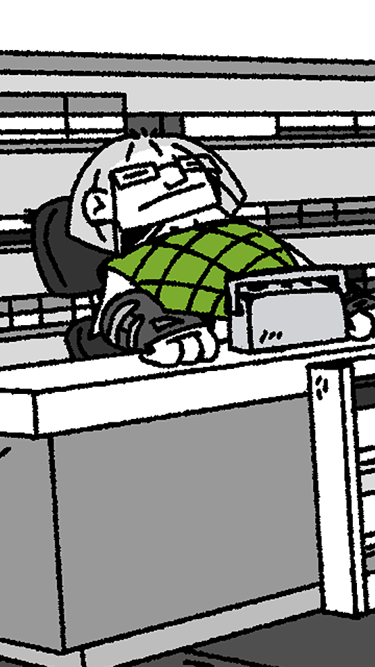 A phone wallpaper from the game PATIENCE IS A VIRTUE. The game's protagonist, Louis, sits sleepily behind the counter of an empty gas station.