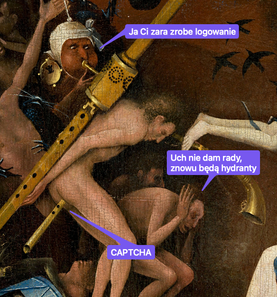 Fragment obrazu Boscha. Dwóch gości zgina się w bólach. Jednemu z pupy wystaje trąbka albo flecik. Widać, że mu się to nie podoba. Drugi też ma przekichane i wygląda, jakby naprawdę mu się nie chciało.