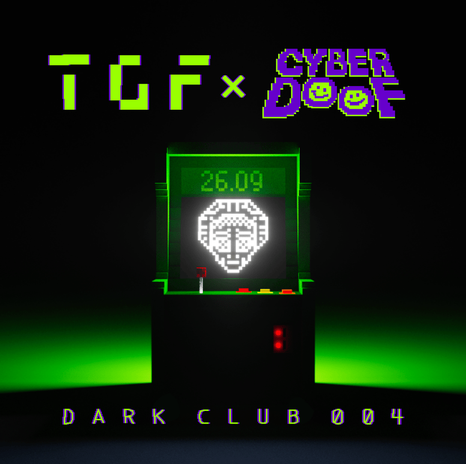 TGF x Cyberdoof promo image for DARK CLUB 004, featuring a voxel 8-bit console displaying the TGF alien logo