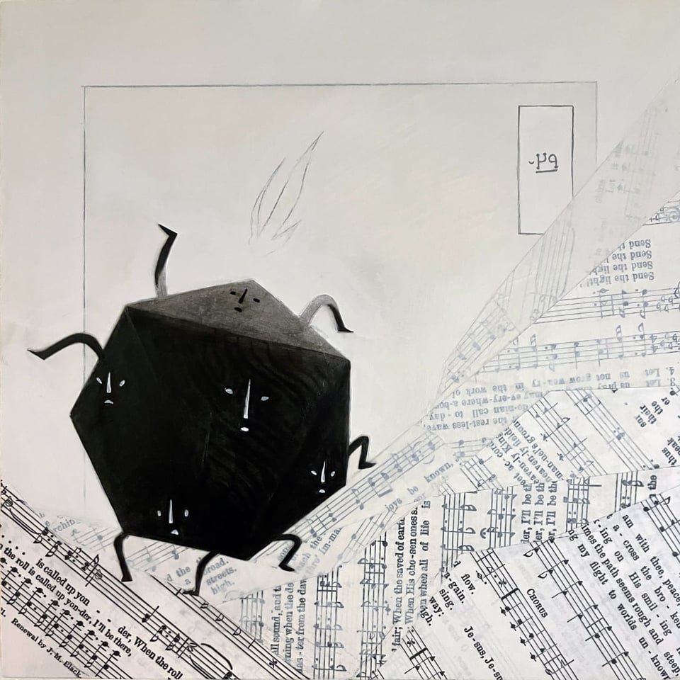 A geometric figure with many faces and legs, slowly climbing a hill made of collaged sheet music.