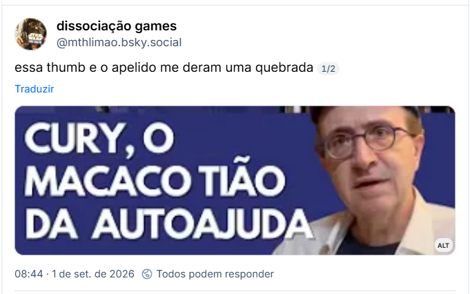 Post de dissociação games (@mthlimao.bsky.social): essa thumb e o apelido me deram uma quebrada
thumb do reinaldo azevedo com o texto "cury o macaco tião da autoajuda"