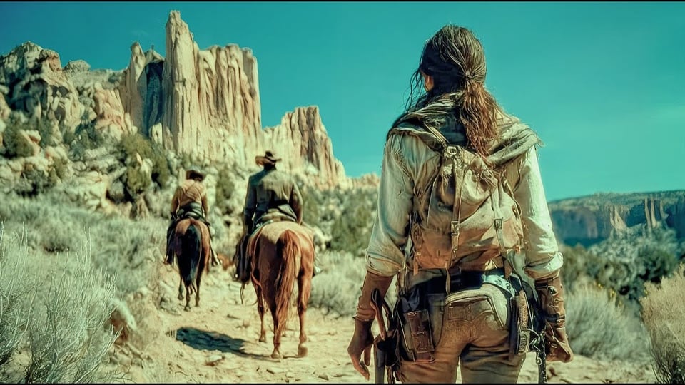 Typical badlands typography as two horses head into the hills, followed by someone on foot behind them