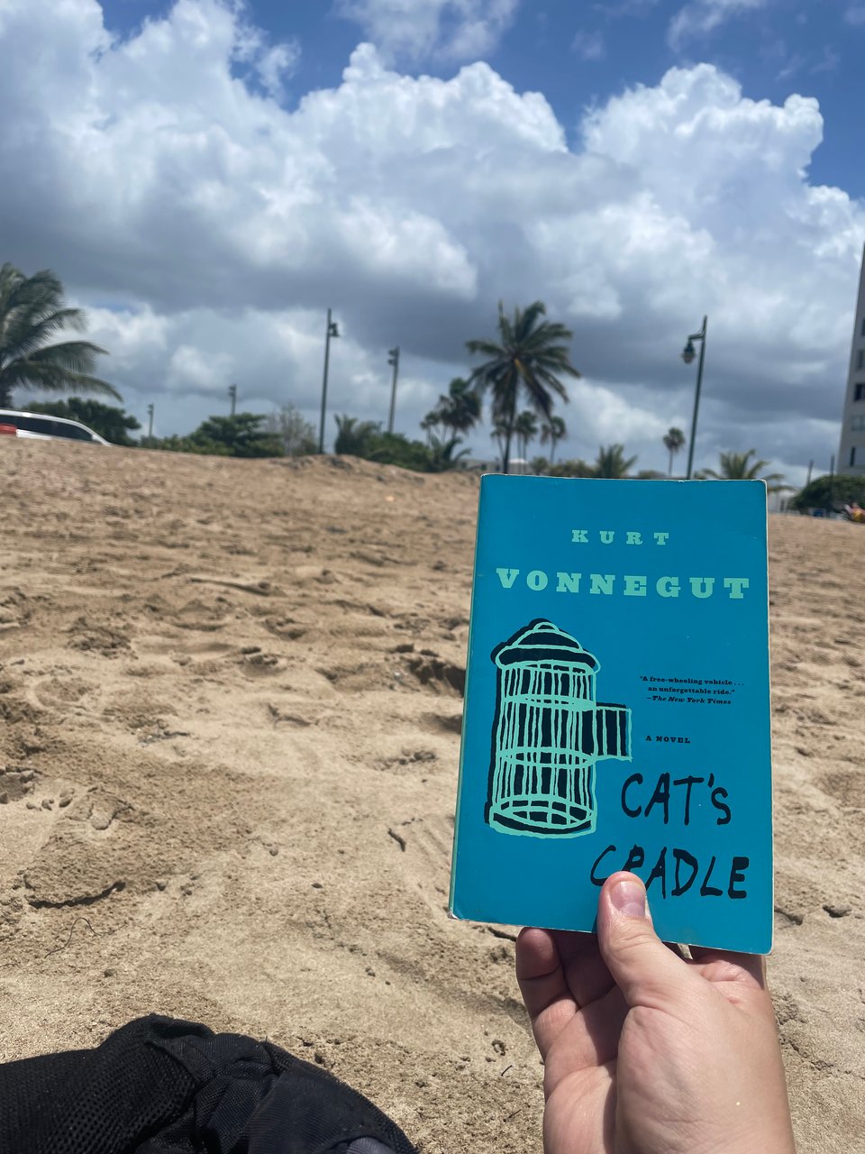 A hand holding the book Cat's Cradle on the the beach with a cloudy background