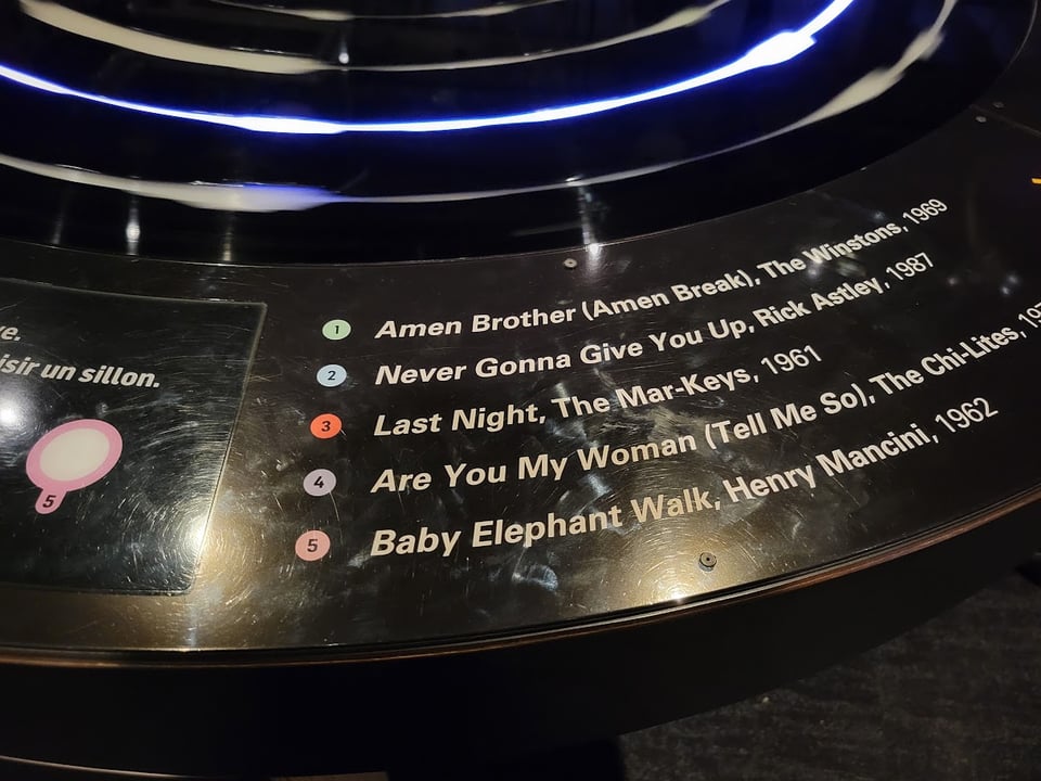 Songs available in an exhibit, including Never Gonna Give You Up by Rick Astley.