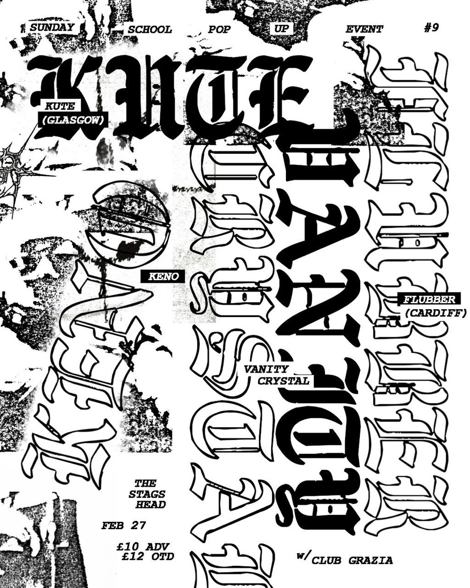Flyer for Sunday School at the Stag's Head in London, February 27th. Playing is Kute, Keno, Flubber, Vanity Crystal and Club Grazia DJs.